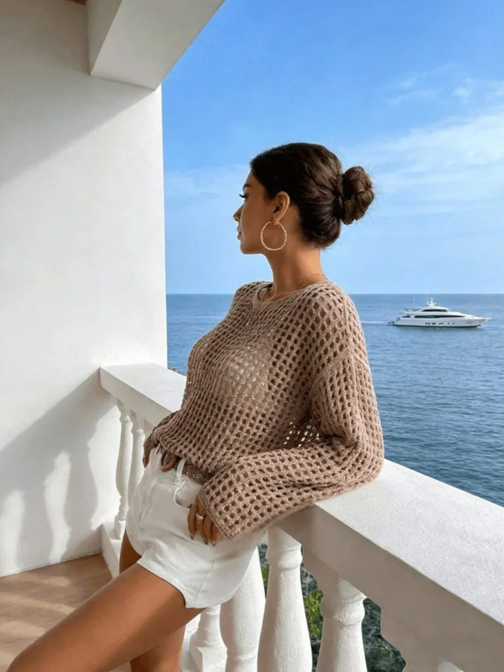 Khaki Casual Women's Round Neck Hollow Sweater